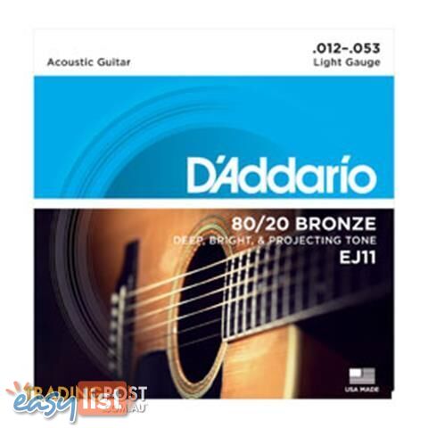 D'Addario's  EJ11 80/20 Bronze Acoustic Guitar Strings, Light, 12-53